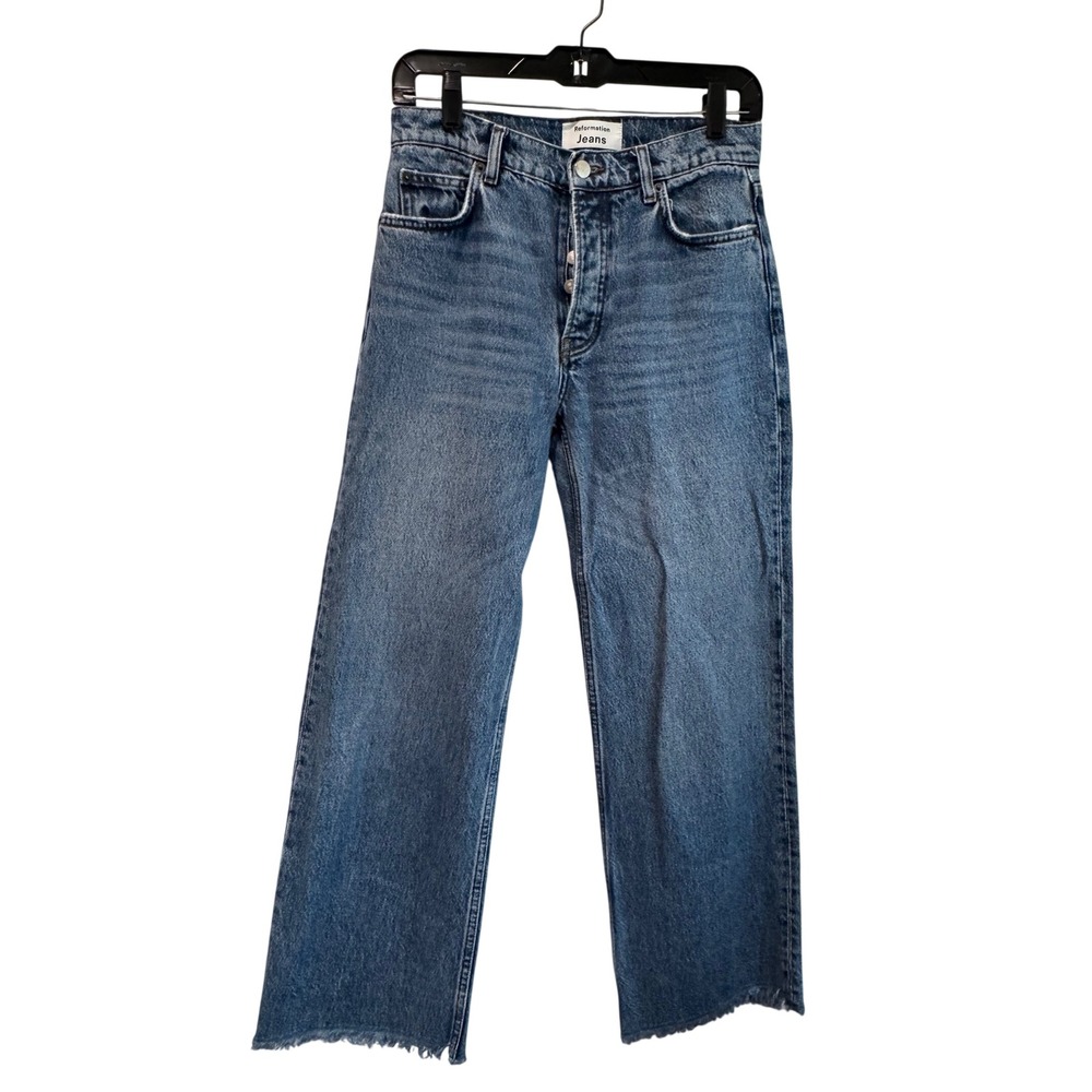 Reformation Fawcett High Rise Wide Leg Jeans Sydney Wash Blue Raw Hem Size 26